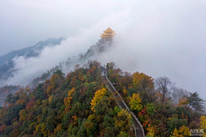 九华山登山石阶与古寺