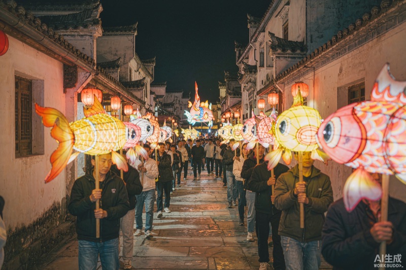 徽州古村夜间的鱼灯巡游与红灯笼