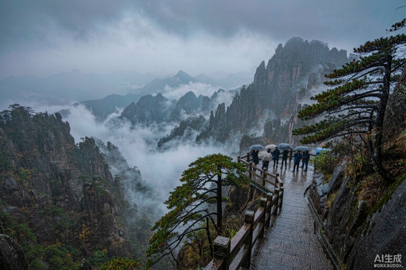雨中黄山群峰在翻涌云海中若隐若现、游客撑伞在观景台远眺