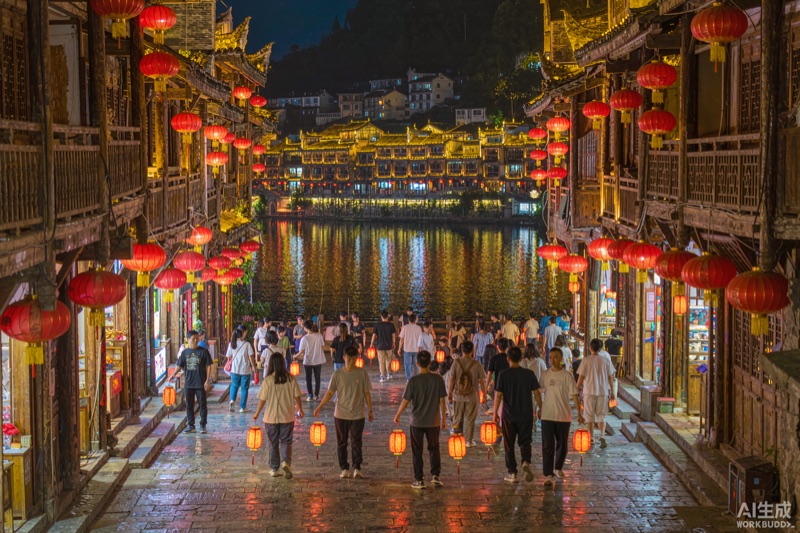 古镇老街的红灯笼与提灯夜游　AI生成示意图