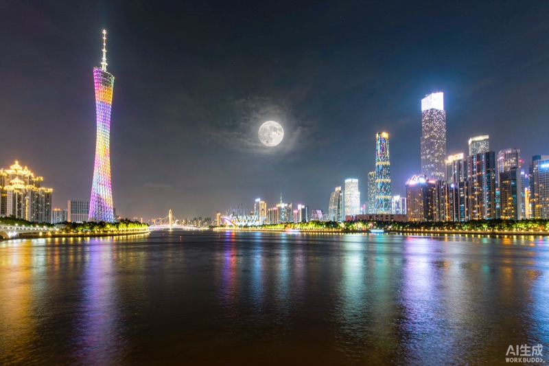 广州珠江夜色，塔影与月色同框　AI生成示意图