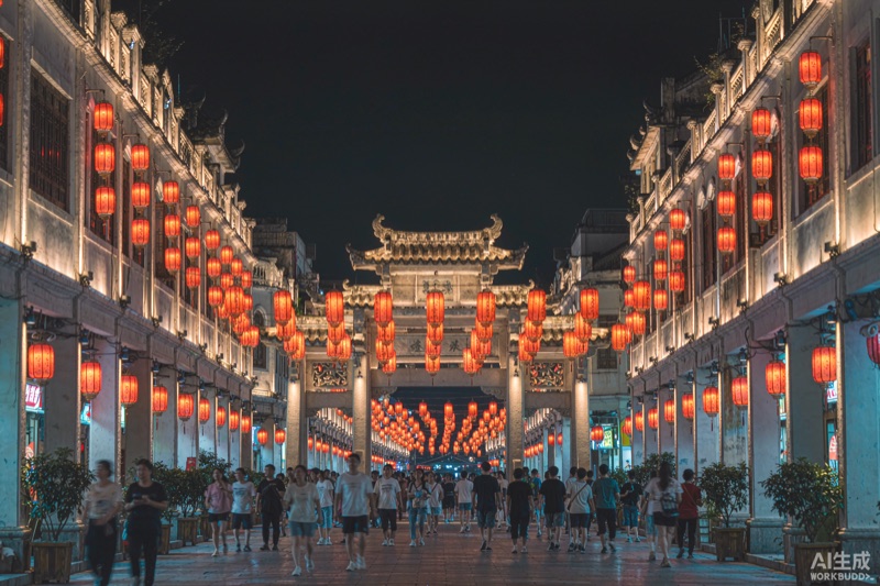 岭南古城的灯笼夜色　AI生成示意图