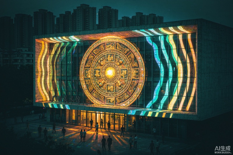 广西博物馆夜间光影与铜镜纹样意象