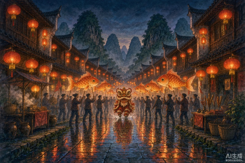 贺州古镇夜间灯火与鱼灯巡游意象