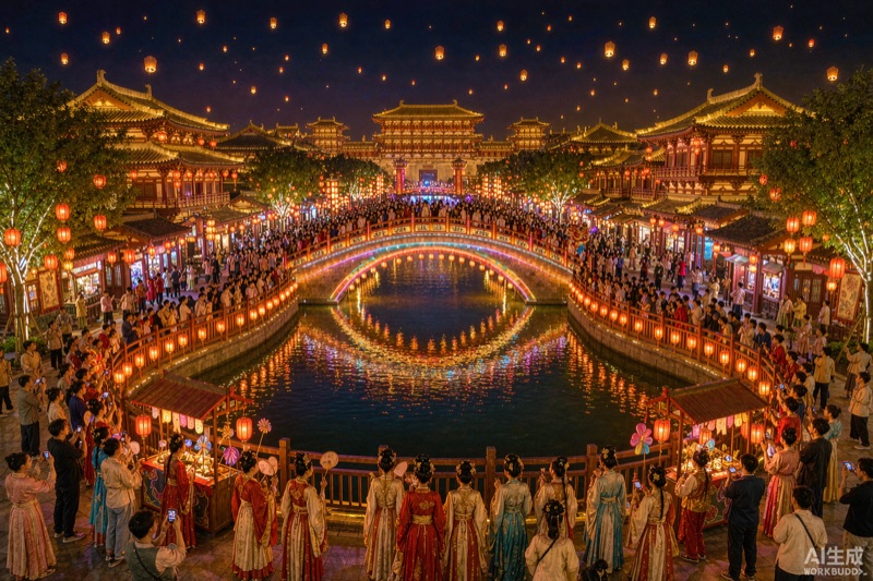开封清明上河园夜间百万花灯与水上实景演出
