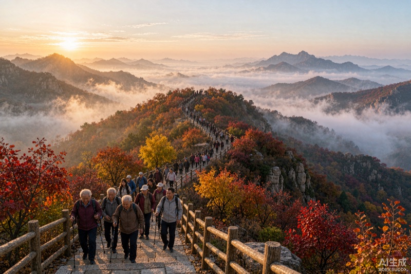 秋日太行余脉山道上成群结队的重阳登高人群、红黄秋叶与远山薄雾