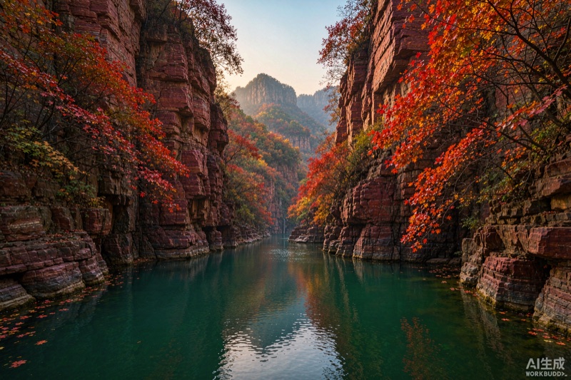 云台山红石峡赤红崖壁与碧绿深潭、两岸红叶垂落水面的太行秋色