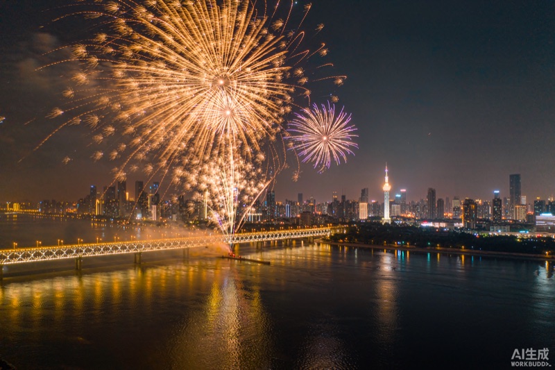 长江之上烟花与灯光秀点亮武汉夜空