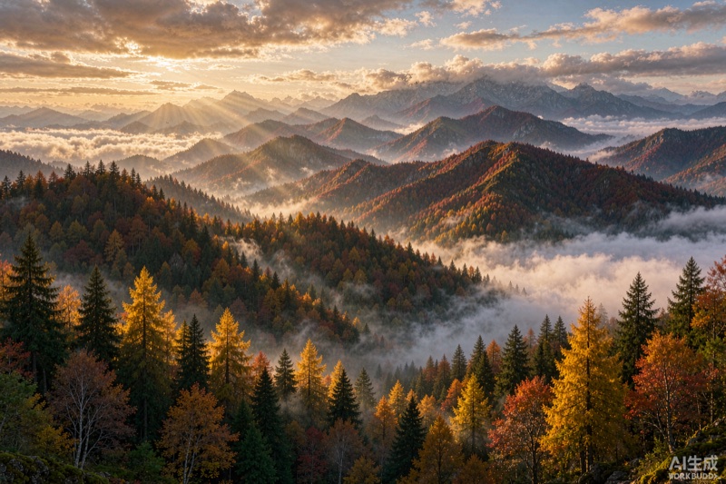 神农架层林尽染的秋日山峦与云海