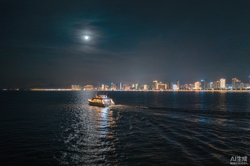 海上夜游的游船与滨海灯火　AI生成示意图