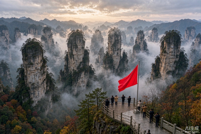 张家界砂岩峰林与红旗