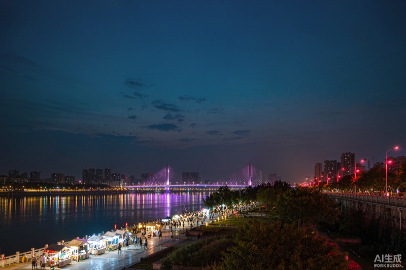 邵阳资江滨江夜景、江面倒映灯火与桥梁、岸边步道上市集与夜游人群
