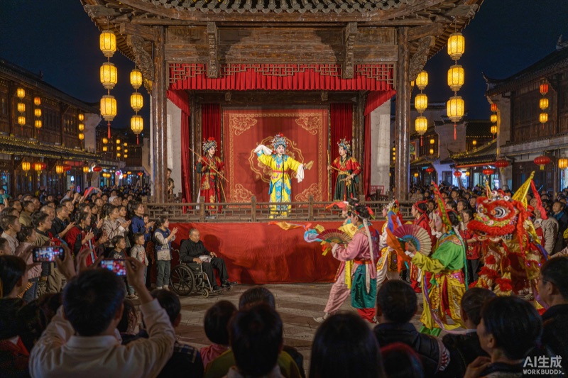 夜色中仿古街区戏台上身着传统戏服的演员表演、暖黄灯笼与围观人群