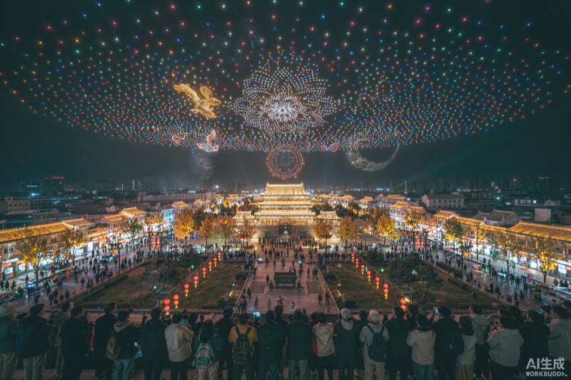 夜空无人机光影与广场人群仰望意象