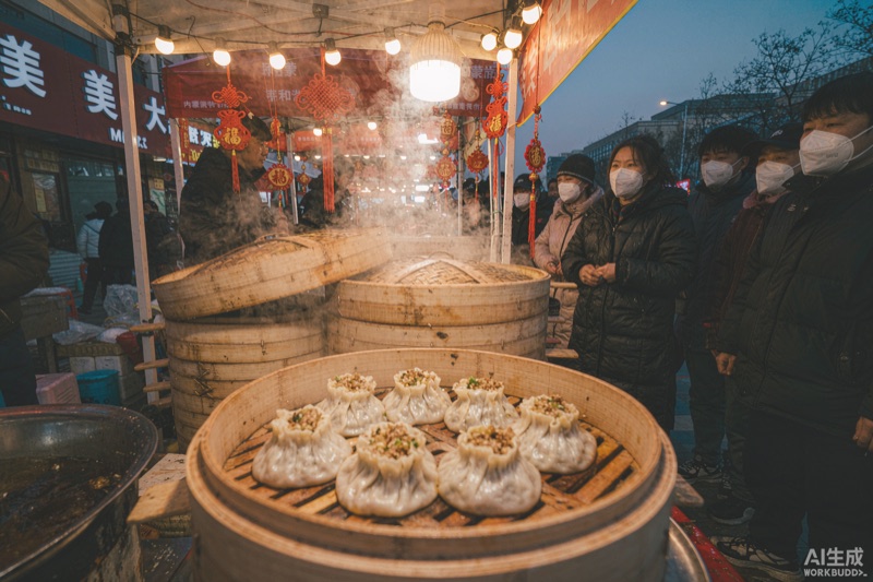 夜市蒸笼热气与灯笼下的烧麦摊位意象