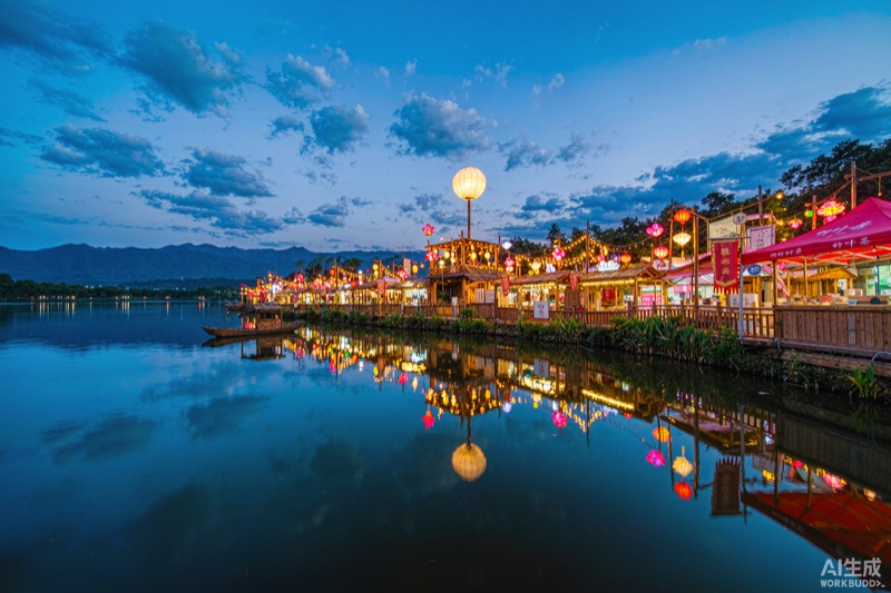 雅安湖畔夜市灯火与茶山暮色意象