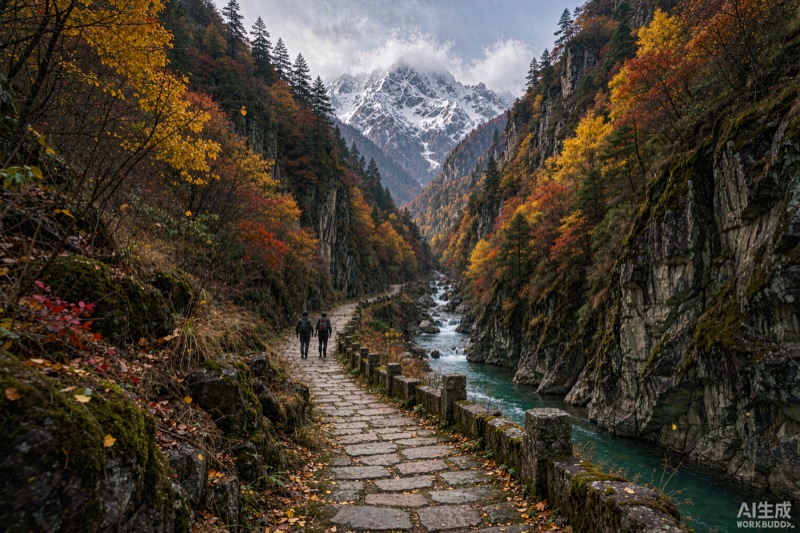 唐家河阴平古道彩林与雪山碧水峡谷徒步意象