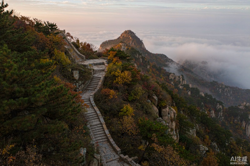 秋日泰山盘道石阶与云海　AI生成示意图