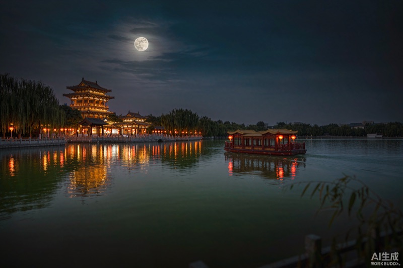 泉城夜色里的画舫与明月　AI生成示意图