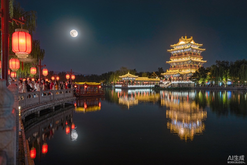 中秋夜里湖畔的灯火与圆月　AI生成示意图
