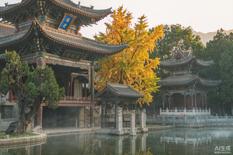 晋祠秋日古建与银杏意象