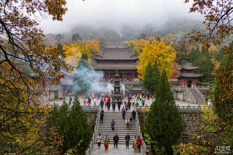 秋色山间寺庙石阶与香客意象