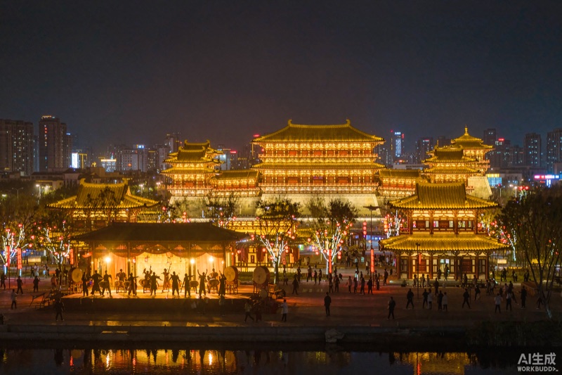 西安唐风夜景与鼓乐演出意象