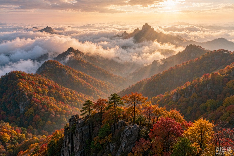 陕西汉中龙头山秋日层林尽染与翻涌云海