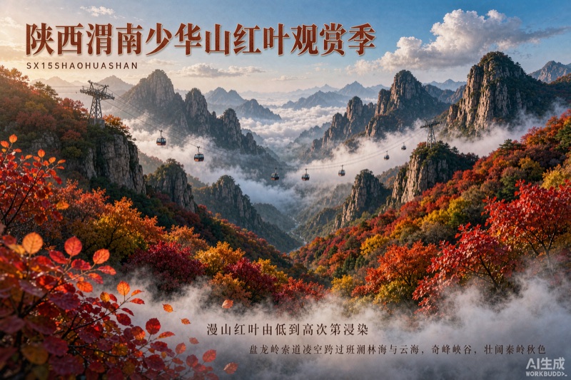 陕西渭南少华山红叶漫山与索道跨过彩林云海
