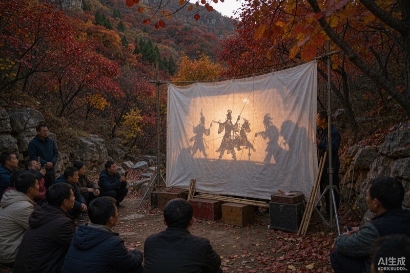 陕西华州皮影戏在山谷红叶天然布景前上演，非遗艺人幕后操纵