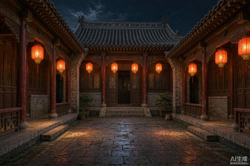 传统中式院落夜景与红灯笼