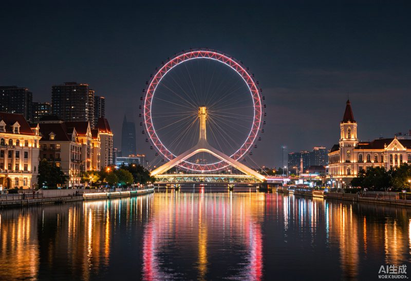 天津海河夜景、游船与天津之眼摩天轮