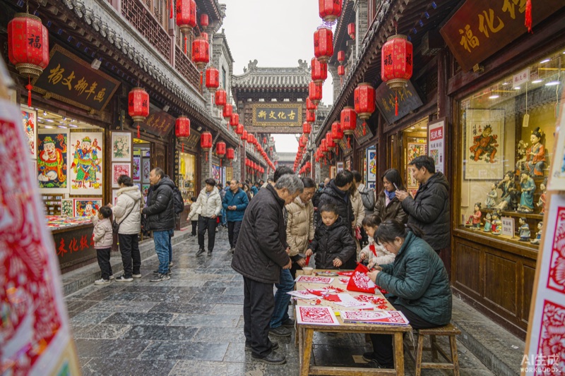 古文化街上的红灯笼、杨柳青年画与泥人张等非遗老字号店铺