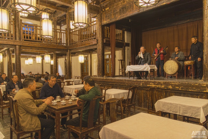 天津茶馆小剧场里正在演出的鼓曲与相声