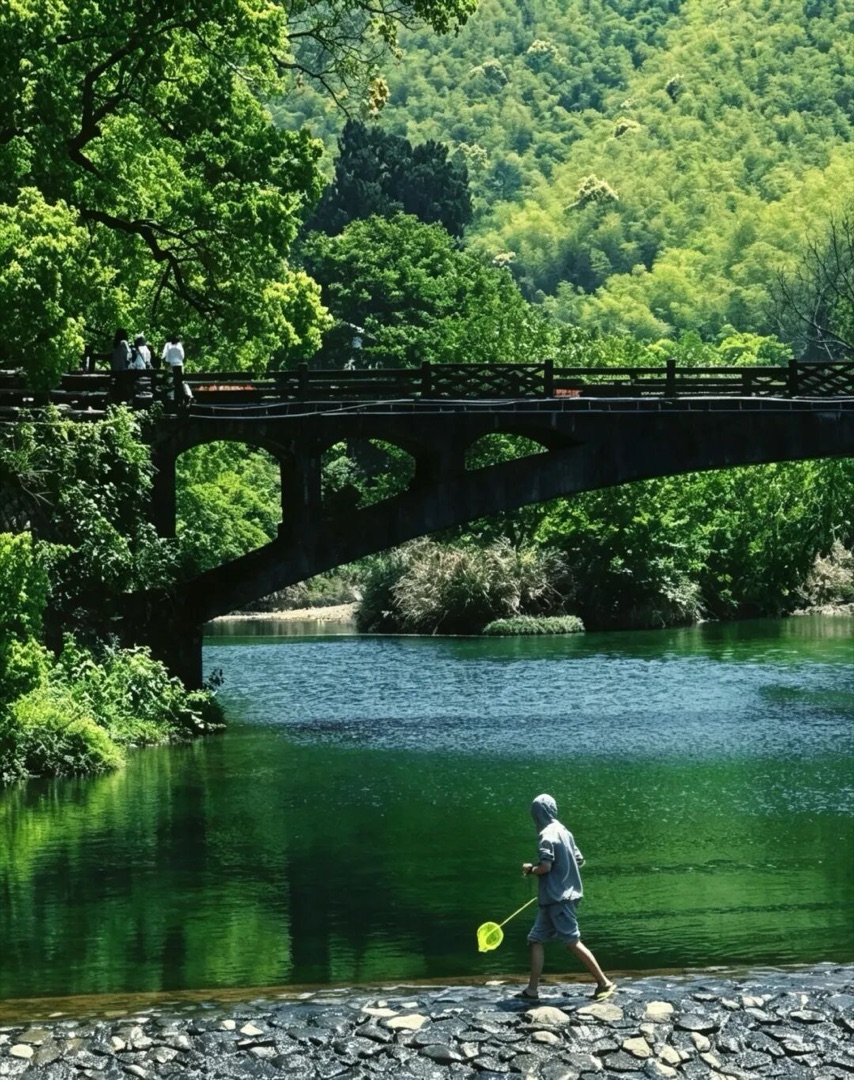 桐庐马岭古道青石板路段，亲子家庭徒步在竹林溪水间