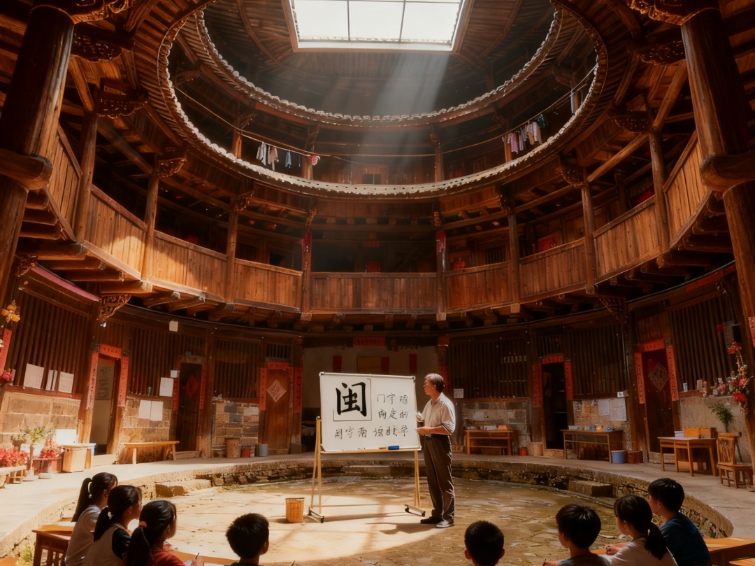 龙昌楼土楼天井里，老师举着写有闽字的黑板教孩子念闽南话，孩子围坐一圈